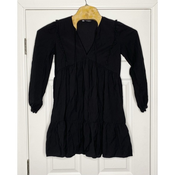 Zara Women's Ruffle Tiered Long Sleeve Baby Doll Dress Black XS - Picture 1 of 8